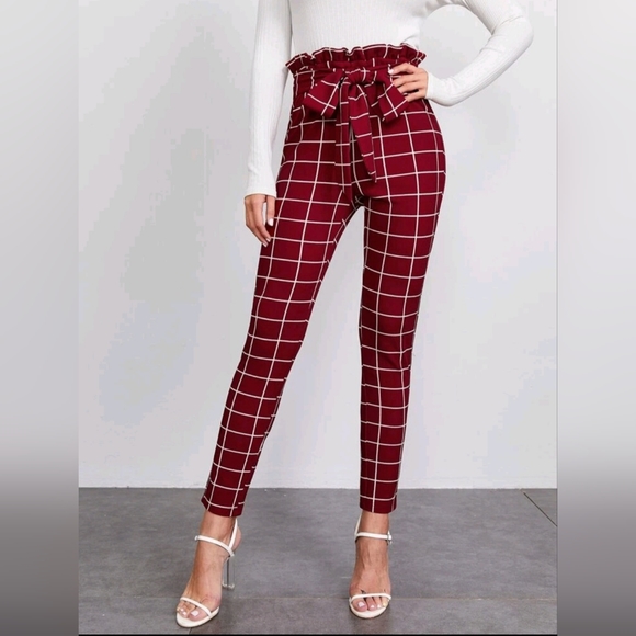 SHEIN Clasi Paperbag Waist Belted Grid Pants Size Large - Picture 4 of 6